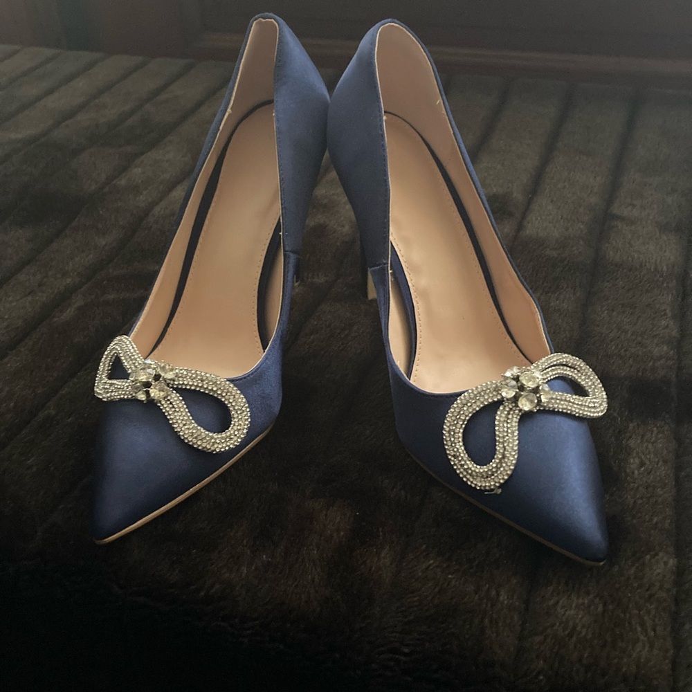 Amazon Essentials Blue Satin Heels with Crystal Embellishment